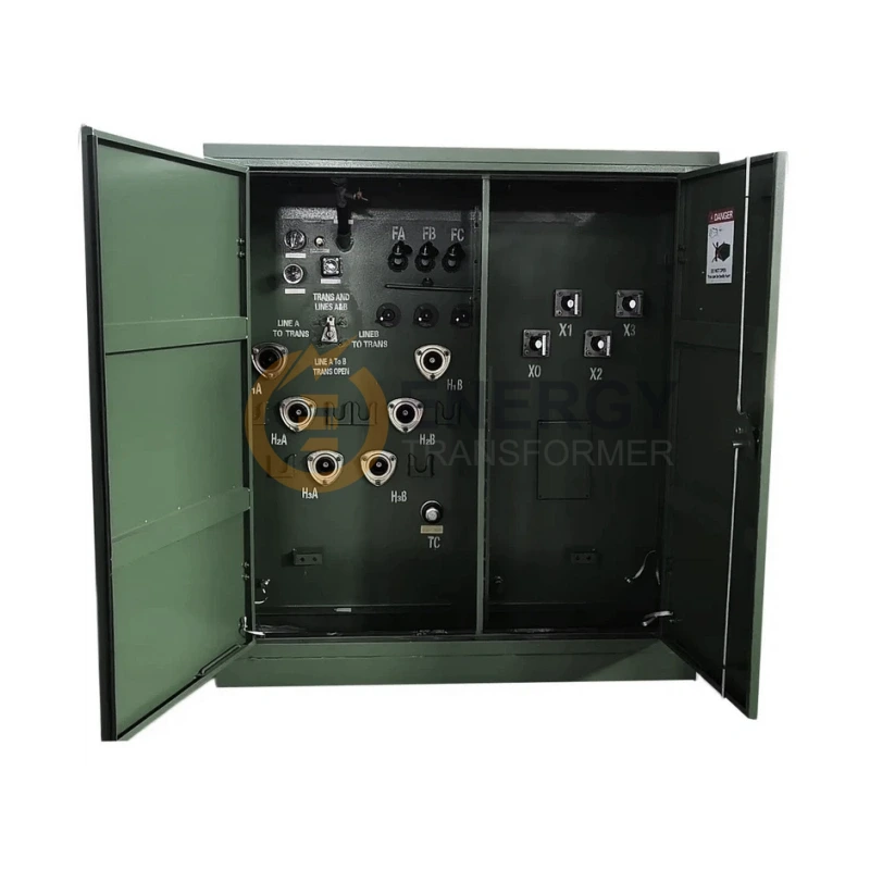 500 kVA 13.2 kV to 480Y/277V step-down pad-mounted transformer with door open – factory wholesale manufacturer for USA, Canada, Brazil, UK, Spain, and Argentina