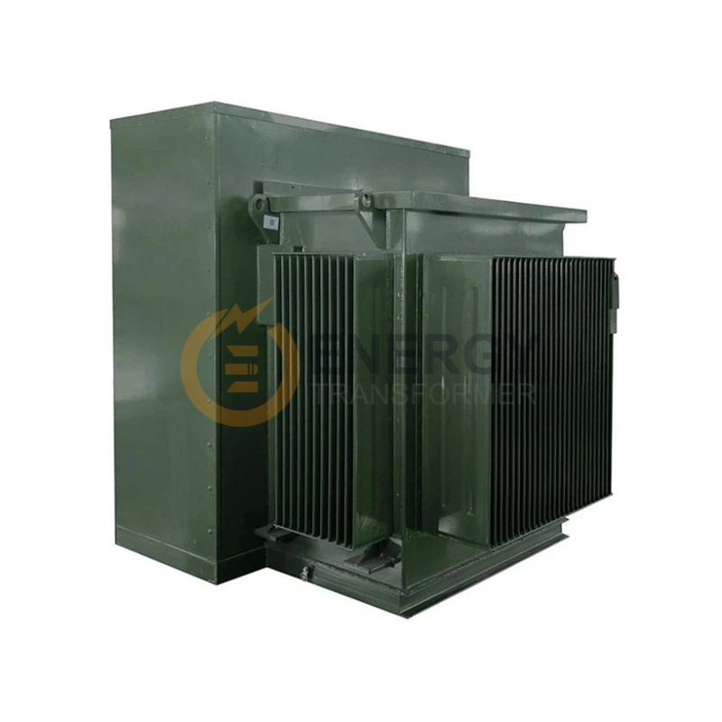Rear view of 500 kVA 13.2 kV to 480Y/277V pad-mounted step-down transformer – wholesale factory supplier for USA, Canada, Brazil, UK, Spain, and Argentina