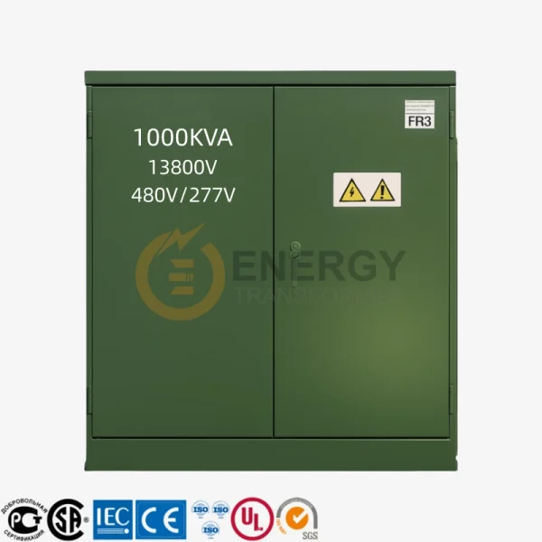 1000 kVA three-phase oil-filled pad-mounted transformer, 13.8 kV to 480Y/277 V, factory direct from Energy Transformer, for USA, Canada, Mexico, Brazil, Argentina, Peru, Bolivia, Guyana, Panama, Spain