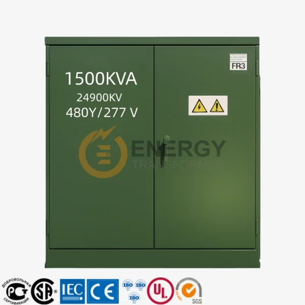 1500 kVA Pad Mounted Transformer – 3 Phase Outdoor Distribution Unit by Energy Transformer, Export to USA, Canada, Mexico, Brazil, Argentina, Peru, Guyana, Bolivia, Panama, Spain
