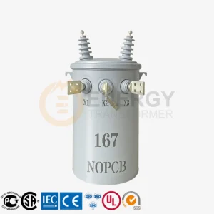 167 KVA oil-filled power pole transformer for overhead distribution, manufactured by Energy Transformer, wholesale supplier to North and South America