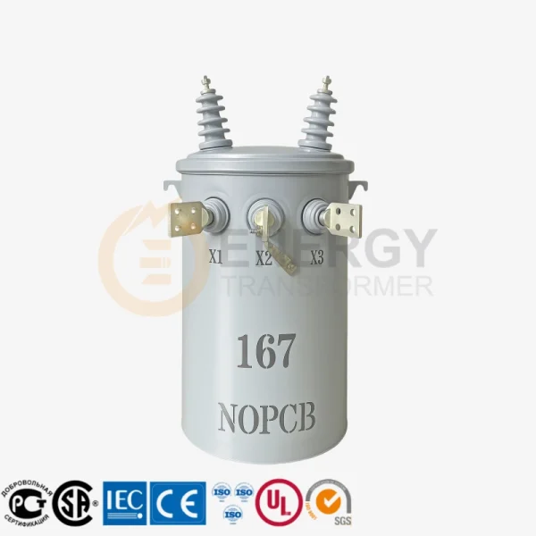 167 KVA oil-filled power pole transformer for overhead distribution, manufactured by Energy Transformer, wholesale supplier to North and South America