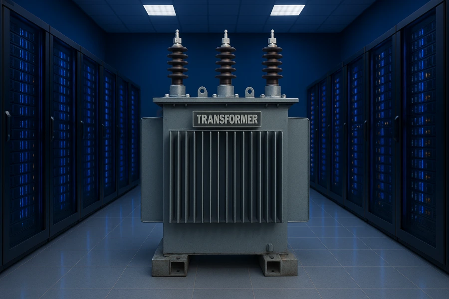 Three types of transformers used in data centers: dry-type, oil-immersed, and cast resin models, displayed with data center background.