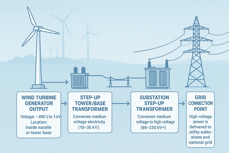 Voltage flow diagram of wind power transformers from turbine to grid, for renewable energy systems in the USA, Canada, Brazil, Mexico, Argentina, Peru, Bolivia, and Spain.