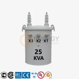 25 kVA single-phase oil-filled overhead distribution transformer mounted for utility pole use – Energy Transformer brand, supplied across North and South America