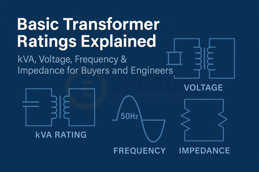Basic power transformer ratings infographic including kVA, voltage, frequency, and impedance explained for global buyers – Energy Transformer supplier USA, Canada, UK, EU