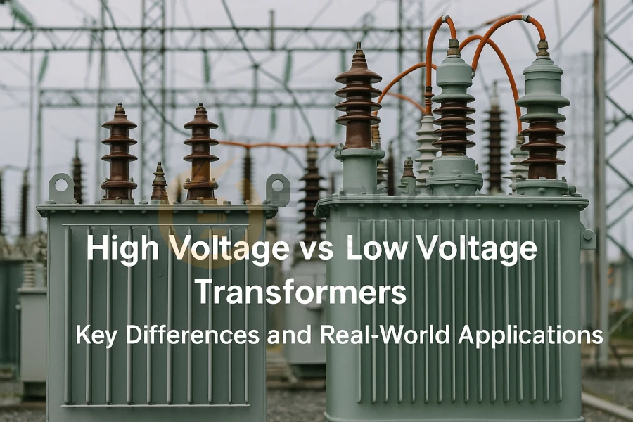 High and low voltage transformers side by side, used in industrial and commercial power systems — Energy Transformer global supply