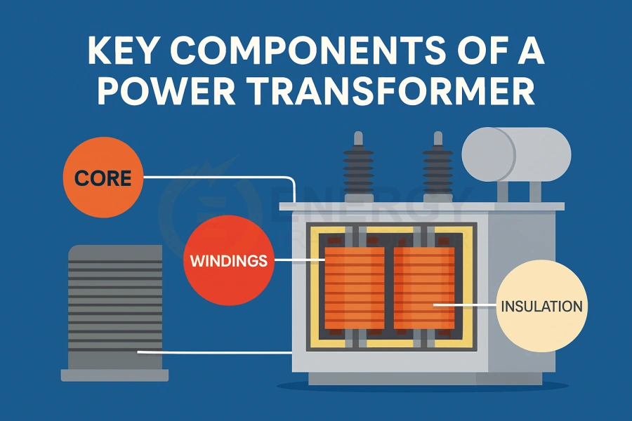 Internal structure of a power transformer showing core, windings, and insulation — Energy Transformer supplier for the US, Canada, UK, Germany, and Europe