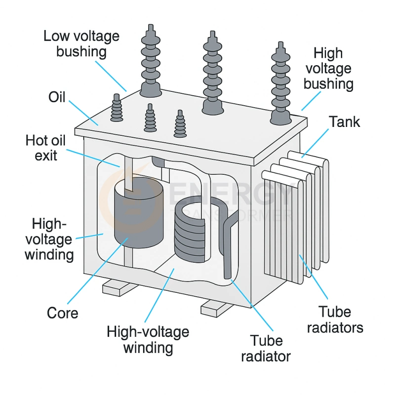 Power transformer internal structure with coils, cores, and bushings, Energy Transformer factory USA UK Canada Germany