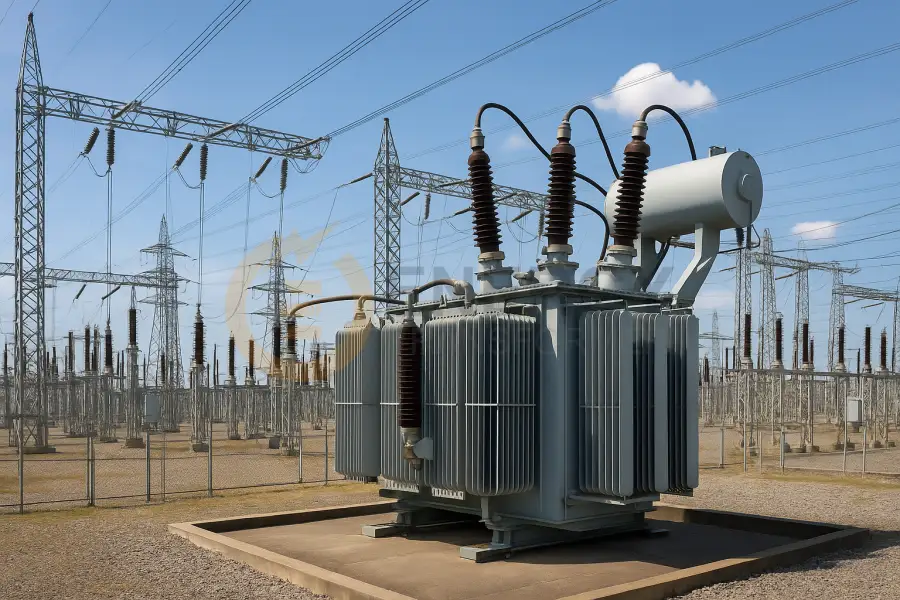 Power transformer in substation managing voltage regulation and grid reliability across international power systems