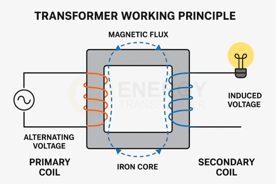 Energy Transformer schematic diagram showing transformer operation for stable voltage supply in USA, Canada, UK, Germany, and EU industries