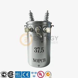 37.5 kVA single-phase oil-filled pole transformer by Energy Transformer, manufacturer and wholesale supplier for North and South America, 13.2–13.8 kV to 120/240 V.