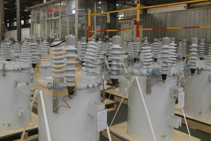 37.5 kVA single-phase oil-filled pole transformer by Energy Transformer, manufacturer and wholesale supplier for USA, Canada, Mexico, Australia, Brazil, and Argentina.