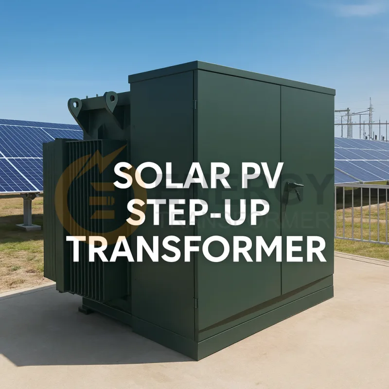 High voltage oil-immersed step-up transformer for utility-scale solar power plants, 6–220 kV grid-connected PV transformer manufactured by Energy Transformer, CE UL CSA certified, suitable for North America and Europe renewable energy markets.