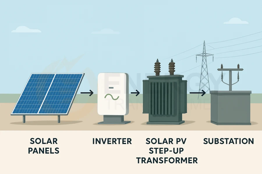 Solar PV step-up power transformer 6–220 kV, oil-immersed ONAN/ONAF type, manufactured by Energy Transformer for utility-scale solar farms in markets such as the United States, Canada, Germany, the UK, France, Italy, and Australia, CE/UL/CSA certified.
