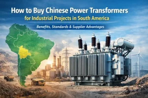 Transformadores de potencia chinos de alta calidad instalados en una instalación industrial de Sudamérica, mostrando el moderno equipamiento eléctrico, la personalización de la tensión y la ingeniería avanzada de Energy Transformer.