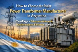 Banner que muestra un gran transformador de potencia en una subestación de Argentina con torres de transmisión, el Obelisco de Buenos Aires, la cordillera de los Andes y la bandera argentina, ilustrando el proceso de elección del fabricante de transformadores de potencia adecuado.