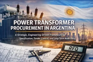 Imagen de banner que ilustra la adquisición de transformadores de potencia en Argentina, con un transformador de alta tensión, infraestructura de transmisión y elementos de diseño de ingeniería, que representa un marco impulsado por la ingeniería para la definición de especificaciones, el control del riesgo de licitación y la optimización del valor de los activos a largo plazo en proyectos de servicios públicos y EPC.
