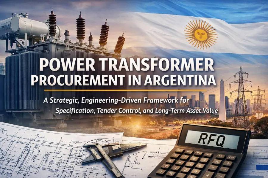 Banner image illustrating power transformer procurement in Argentina, featuring a high-voltage power transformer, transmission infrastructure, and engineering design elements, representing an engineering-driven framework for specification definition, tender risk control, and long-term asset value optimization in utility and EPC projects.