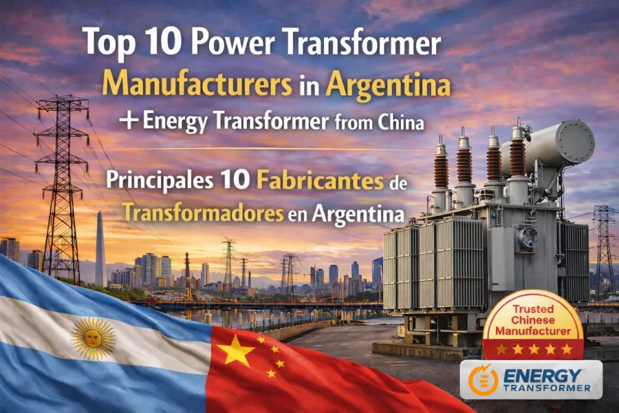 Banner showing a modern medium-voltage power transformer in the foreground, with transmission towers, a city skyline, and the Argentine flag in the background. Highlights the top 10 power transformer manufacturers in Argentina and the selection process for industrial, utility, and renewable energy projects. Includes Energy Transformer logo for sourcing reliable Chinese transformers.