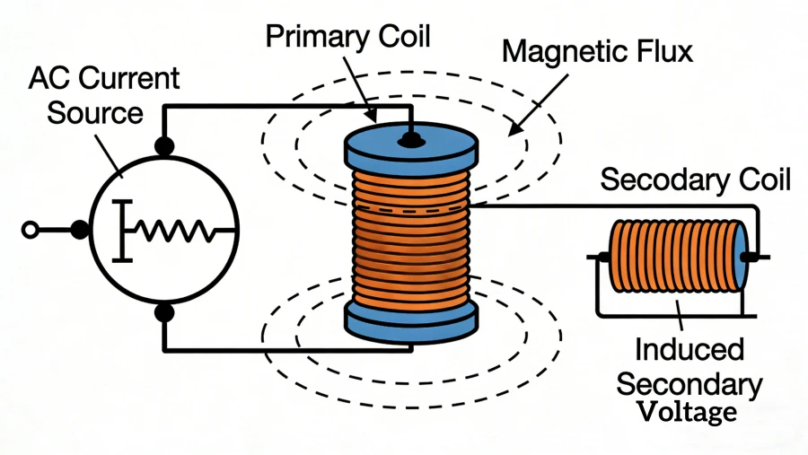 Electromagnetic induction power transformer working principle diagram showing AC current in primary winding, magnetic flux in laminated iron core, and induced voltage in secondary coil, explaining Faraday's Law for industrial and utility power systems in USA, Canada, Germany, UK, Australia and Middle East markets.