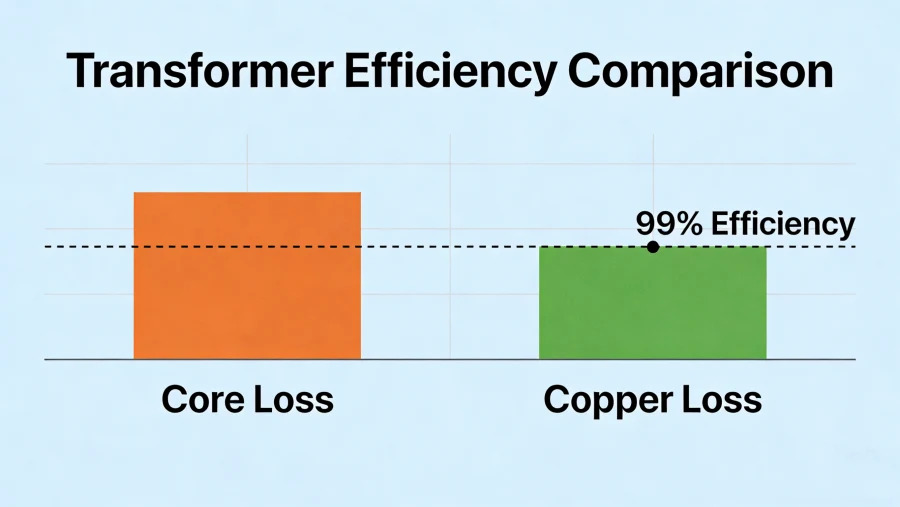 Power transformer efficiency diagram showing 98–99.5% efficiency, core loss and copper loss comparison, energy flow analysis and loss reduction strategies for industrial and utility transformers used in USA, Canada, Germany, UK, Australia and Middle East markets.