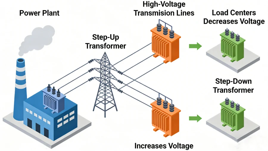 Step-up and step-down transformers in power grid diagram showing high voltage transmission and low voltage distribution applications, including substation transformer configuration for industrial and utility systems in USA, Canada, Germany, UK, Australia and Middle East markets.