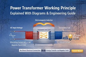 Power transformer working principle diagram showing electromagnetic induction, AC current flow in primary winding, magnetic flux in laminated silicon steel core, and induced voltage in secondary winding for industrial and utility power systems in USA, Canada, Germany, UK, Australia and Middle East markets.