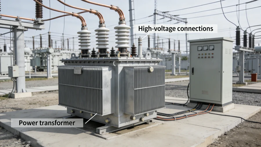 What is a power transformer diagram showing static electrical device structure for efficient voltage step-up and step-down in power grids and industrial plants across USA, Canada, Germany, UK, Australia and Middle East markets.