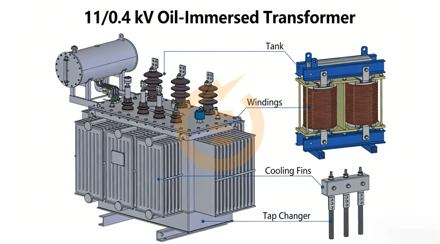 Compact 11/0.4 kV oil-immersed transformer for low-voltage power distribution, ideal for commercial buildings, residential communities, and small-scale industrial facilities, ensuring reliable, efficient, and safe energy supply – Energy Transformer.