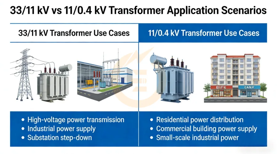 Comparison of 33/11 kV and 11/0.4 kV transformers highlighting their applications, technical differences, and suitability for medium- and low-voltage power distribution in industrial and commercial projects – Energy Transformer.
