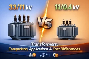Comparison of 33/11 kV and 11/0.4 kV oil-immersed transformers highlighting applications, technical specifications, and cost differences for medium- and low-voltage power distribution in industrial and commercial projects – Energy Transformer.