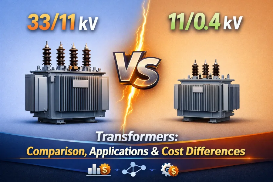 Comparison of 33/11 kV and 11/0.4 kV oil-immersed transformers highlighting applications, technical specifications, and cost differences for medium- and low-voltage power distribution in industrial and commercial projects – Energy Transformer.