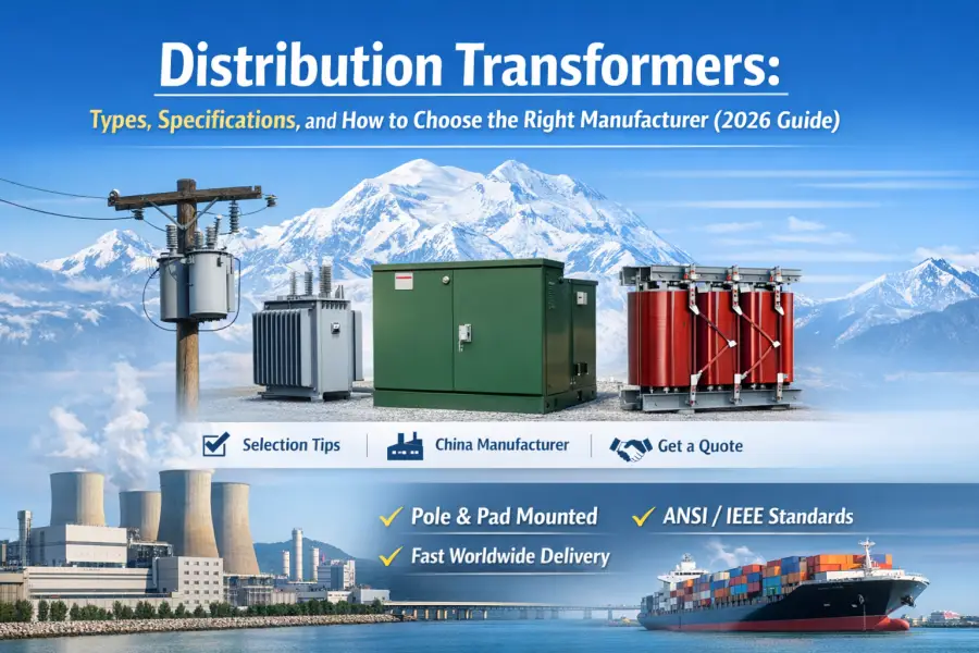 Distribution transformers including pole-mounted, pad-mounted, and dry-type models for commercial and industrial power distribution