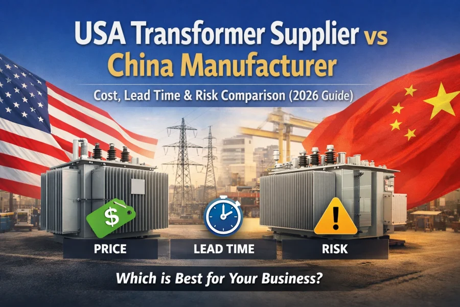 Comparación entre proveedores de transformadores de EE. UU. y China que muestra las diferencias en cuanto a costos, plazos de entrega y riesgos para las adquisiciones industriales y de servicios públicos en 2026, adaptada a los compradores B2B de transformadores de energía