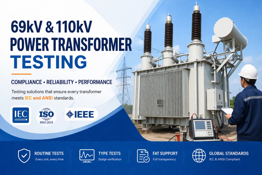 69kV and 110kV power transformer testing including routine and type tests under IEC and ANSI standards